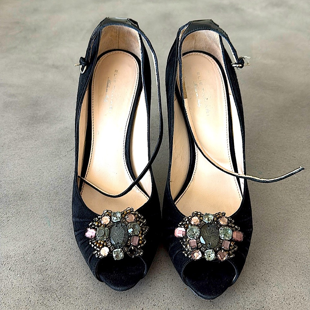 Jeweled peep toe black suede heels